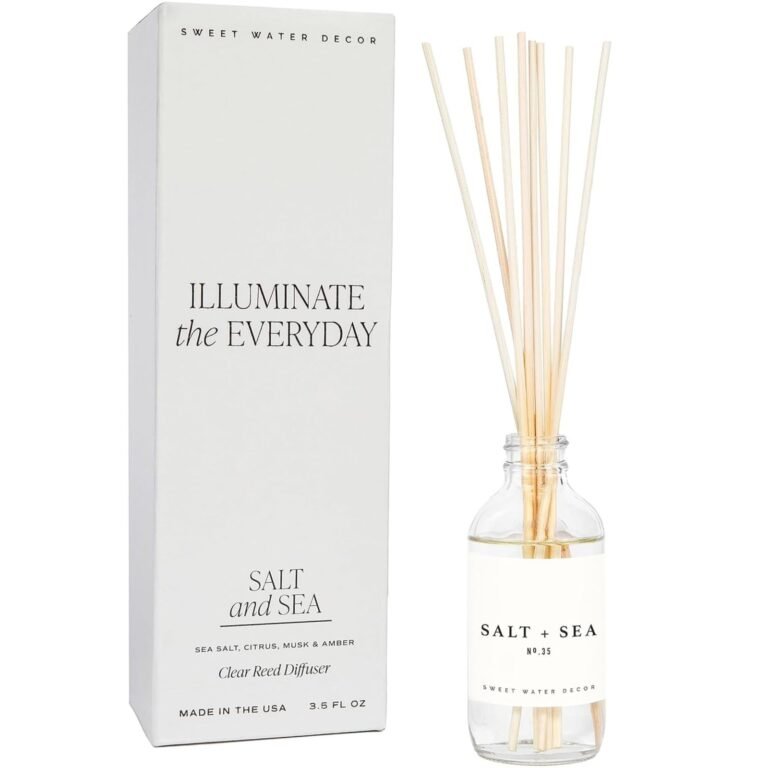 Salt and Sea reed diffuser with box, clear glass bottle, and wooden reeds