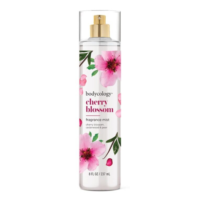 Bodycology Cherry Blossom fragrance mist bottle with pink floral design