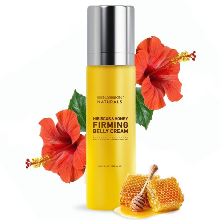 Yellow belly cream bottle with hibiscus flowers and honeycombs