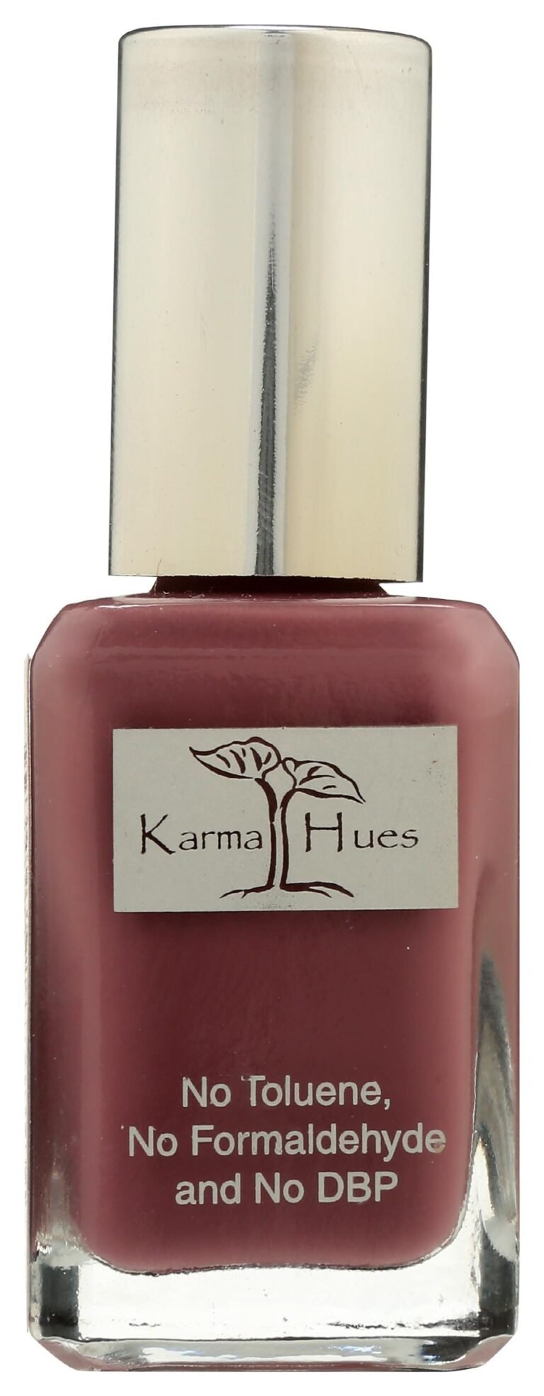 Bottle of Karma Hues nail polish, mauve color, silver cap, label details
