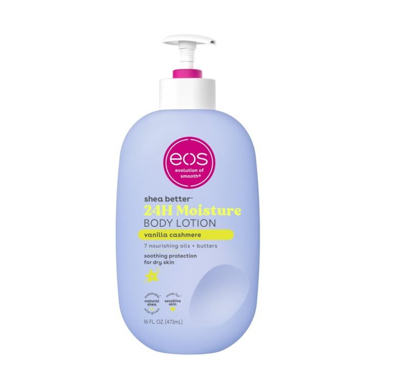 Bottle of eos 24H Moisture Body Lotion, vanilla cashmere scent, for dry skin