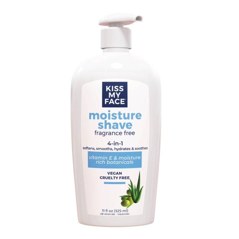 White bottle of "Kiss My Face" moisture shave, fragrance free, with pump