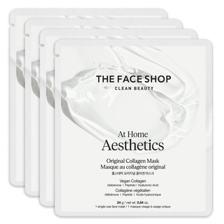 Four The Face Shop Original Collagen Mask packets, white background, skincare product
