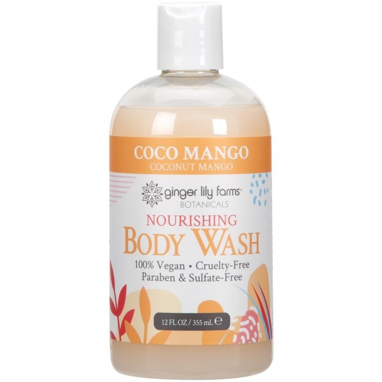 Bottle of Coco Mango body wash with botanical design and text