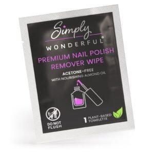 Nail polish remover wipe packet with "Simply Wonderful" branding and "Do Not Flush" warning