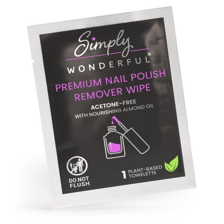 Nail polish remover wipe packet with "Simply Wonderful" branding and "Do Not Flush" warning
