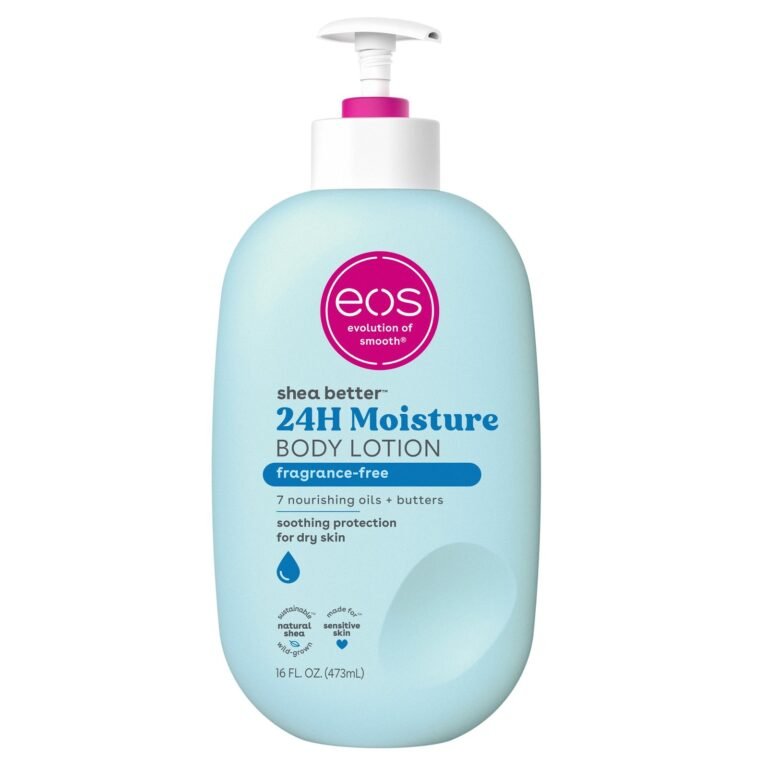 Light blue eos 24H Moisture body lotion bottle with pump dispenser