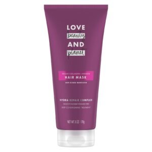 Purple Love Beauty and Planet hair mask tube with "Sun-Kissed Mandarin" label