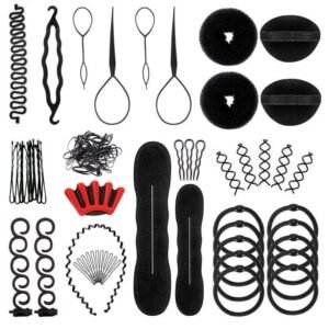 Assortment of black hair styling tools and accessories on a white background