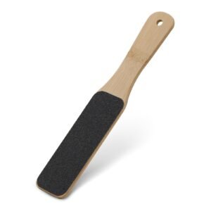 Wooden foot file with a black abrasive surface and a hanging hole