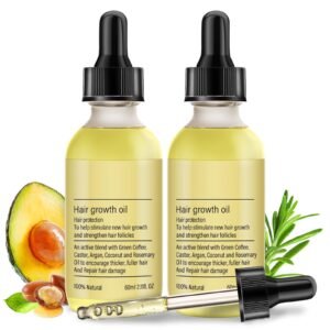 Two bottles of hair growth oil with avocado and rosemary