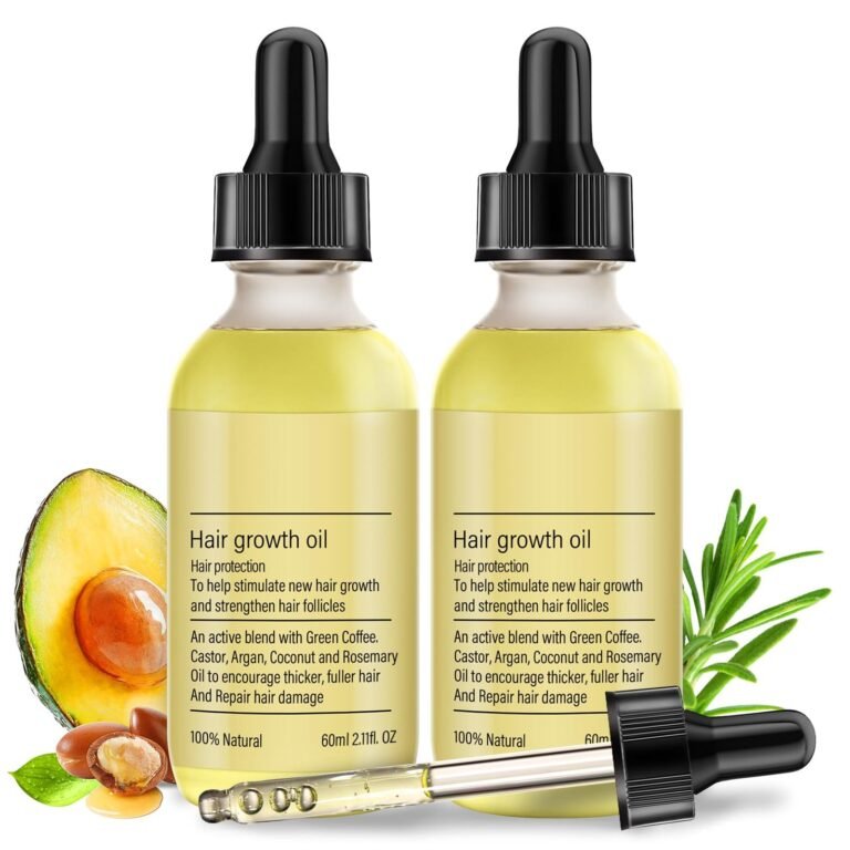 Two bottles of hair growth oil with avocado and rosemary