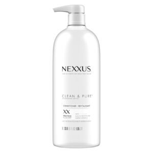White Nexxus Clean & Pure conditioner bottle with pump, text on front