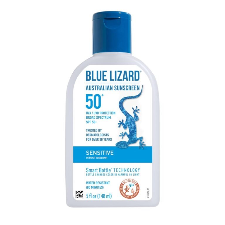 Blue Lizard Australian Sunscreen bottle with a blue lizard graphic and SPF 50+