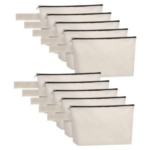 Canvas zipper pouches with black trim and attached fabric handles, arranged in rows