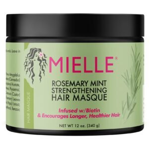 Mielle Rosemary Mint Strengthening Hair Masque jar with black lid and green label