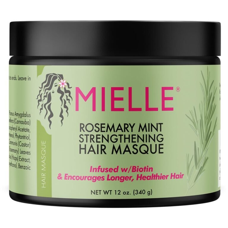 Mielle Rosemary Mint Strengthening Hair Masque jar with black lid and green label