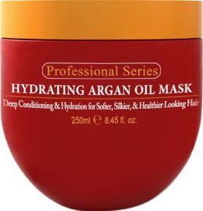 Red and orange jar of hydrating argan oil hair mask