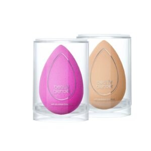 Two Beautyblender makeup sponges, one pink and one tan, in clear cases