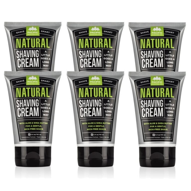Six tubes of "Natural Shaving Cream" with text and branding