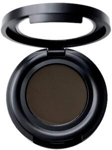 Open black compact with dark brown eyeshadow