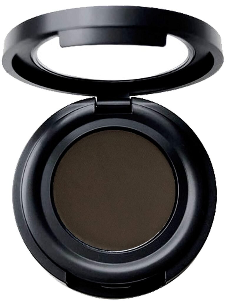 Open black compact with dark brown eyeshadow