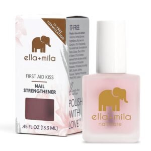 Ella+Mila nail polish bottle and box, pink, with elephant logo and text