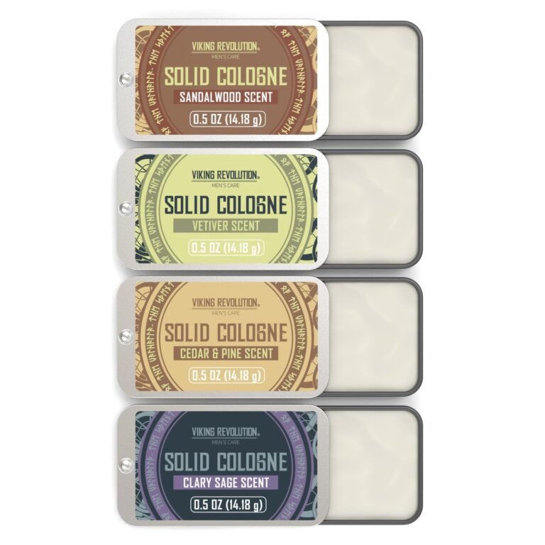 Four solid cologne tins with different scents: sandalwood, vetiver, cedar, and sage