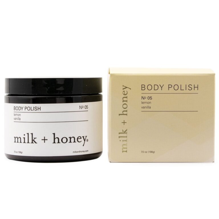 Milk + Honey body polish jar and box, lemon vanilla scent, white background