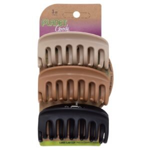 Three Planet Goody claw hair clips in beige, brown, and black on packaging