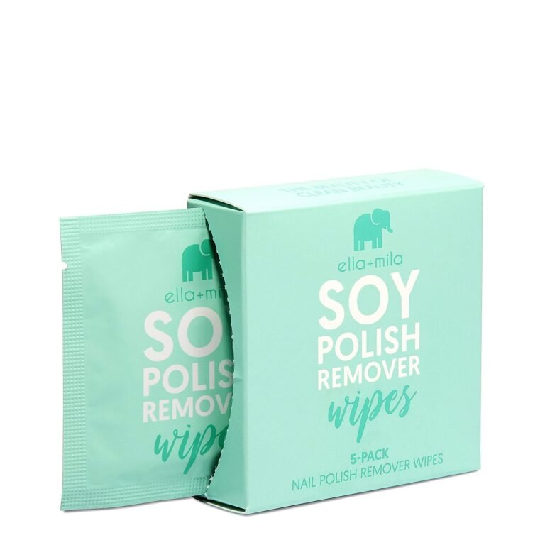 Box and individual packet of ella+mila soy polish remover wipes
