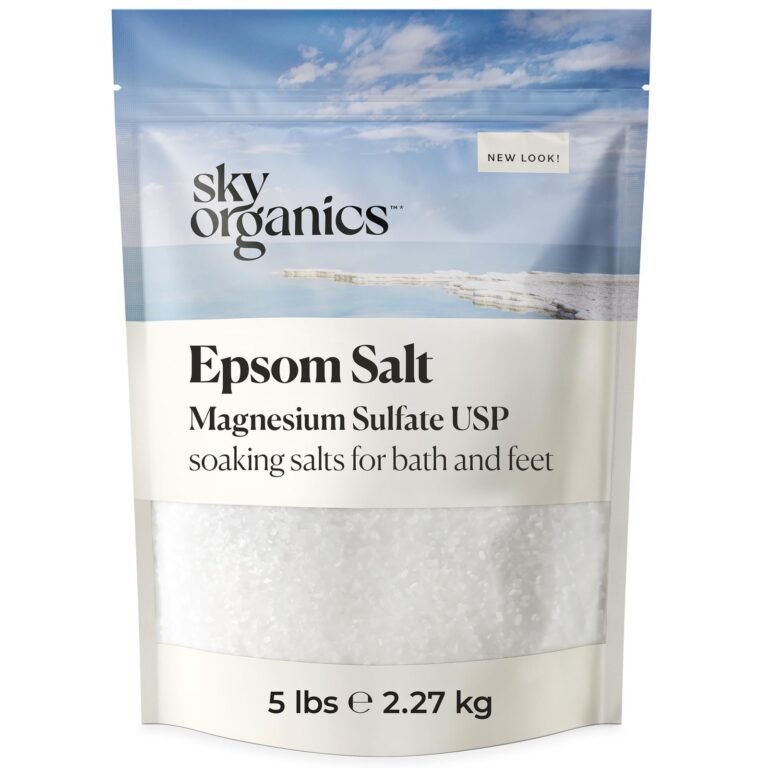 Sky Organics Epsom Salt bag, 5 lbs, with a blue sky and white salt