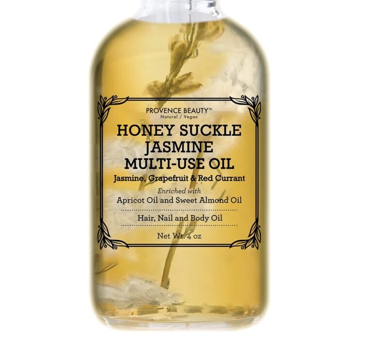 Bottle of Honey Suckle Jasmine multi-use oil with floral design and text