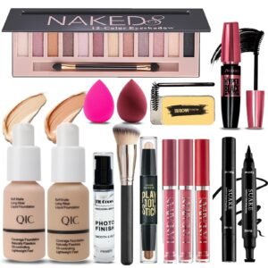 Makeup products including eyeshadow palette, foundation, mascara, lipstick, and eyeliner