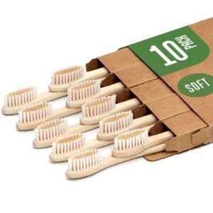 Ten bamboo toothbrushes in a cardboard box, labeled "Soft" and "10 pack"