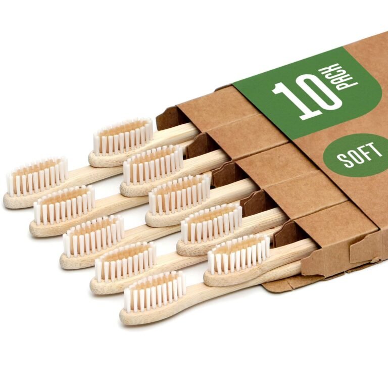 Ten bamboo toothbrushes in a cardboard box, labeled "Soft" and "10 pack"