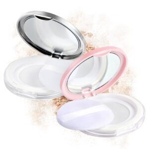 Three open compacts with mirrors and powder puffs, with loose powder