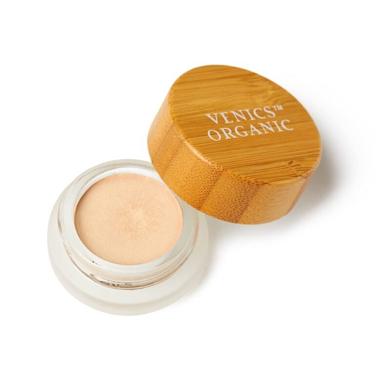 Open jar of Venics Organic makeup with wooden lid
