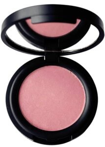 Pink blush compact with a mirror, open and isolated on white