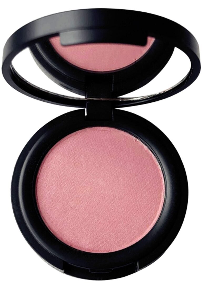 Pink blush compact with a mirror, open and isolated on white