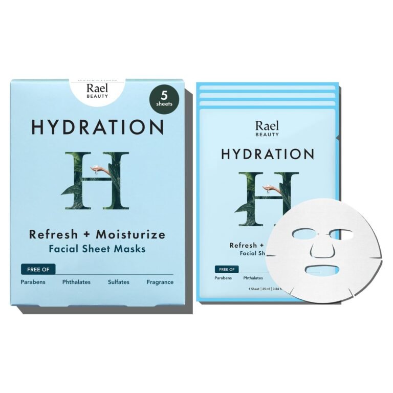 Rael Beauty Hydration facial sheet masks, with 5 sheets and a single mask