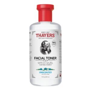 Thayers Witch Hazel Facial Toner bottle with red cap, unscented, and aloe vera formula