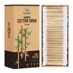 Box of bamboo cotton swabs with bamboo graphic and product details
