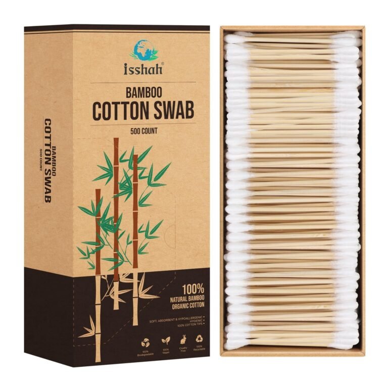 Box of bamboo cotton swabs with bamboo graphic and product details