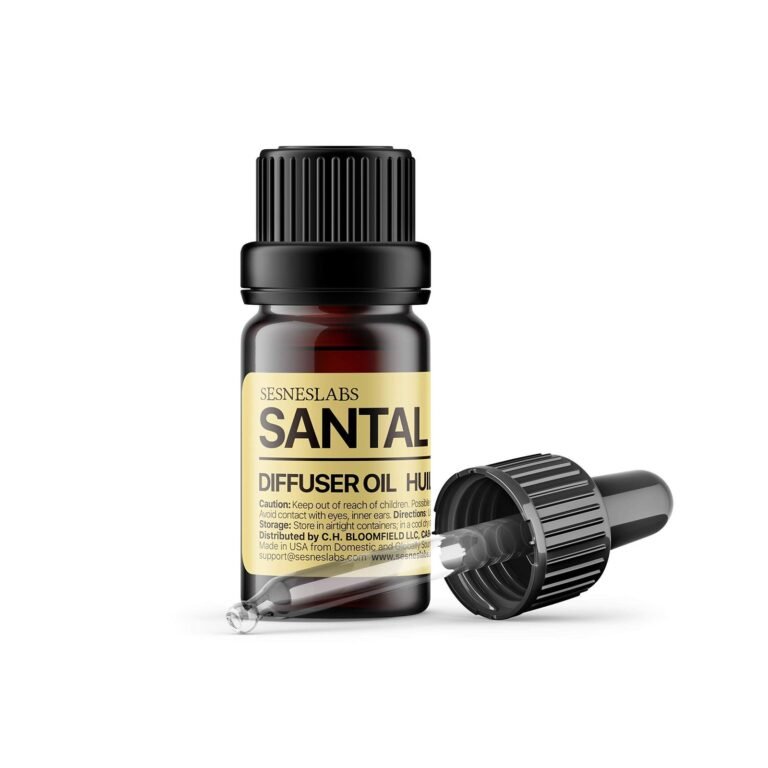 Santal diffuser oil bottle with dropper cap, product label, and brown liquid