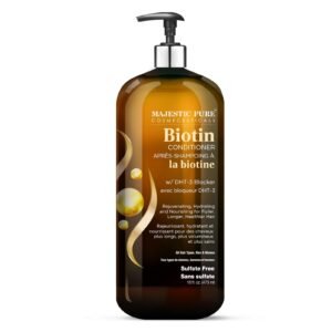 Biotin conditioner bottle with pump, labeled "Majestic Pure" and "Sulfate Free"