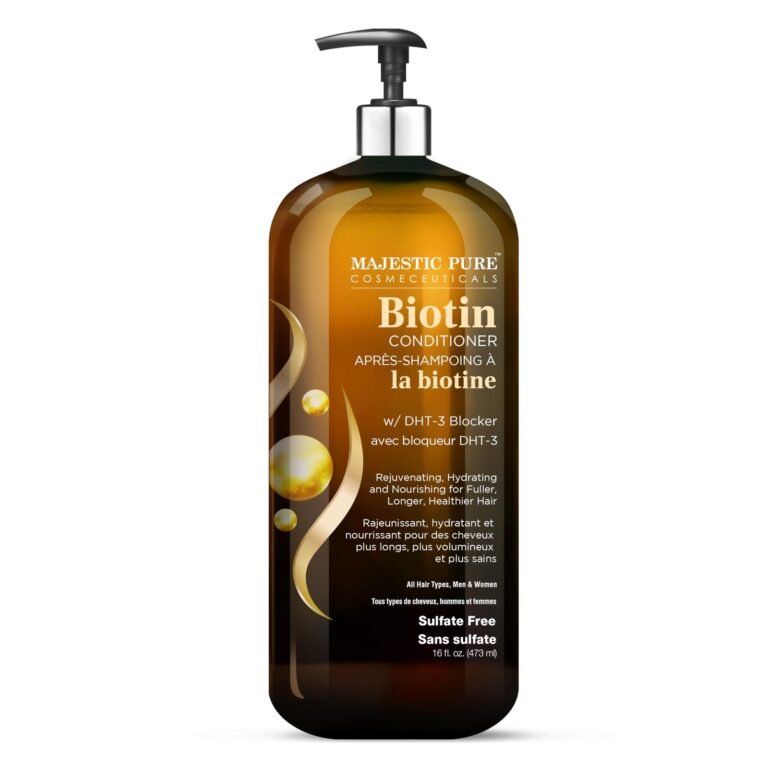 Biotin conditioner bottle with pump, labeled "Majestic Pure" and "Sulfate Free"