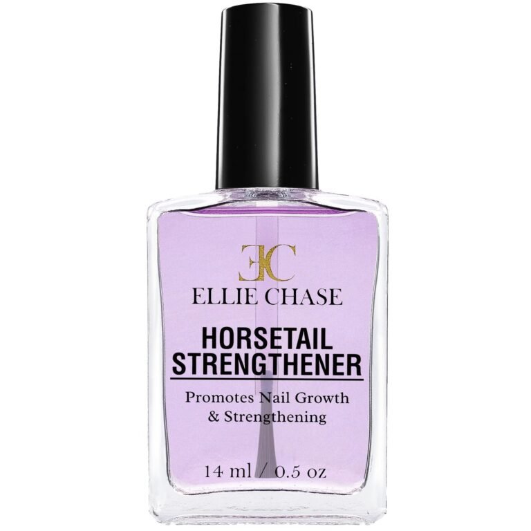 Ellie Chase Horsetail Strengthener nail product with purple liquid and black cap