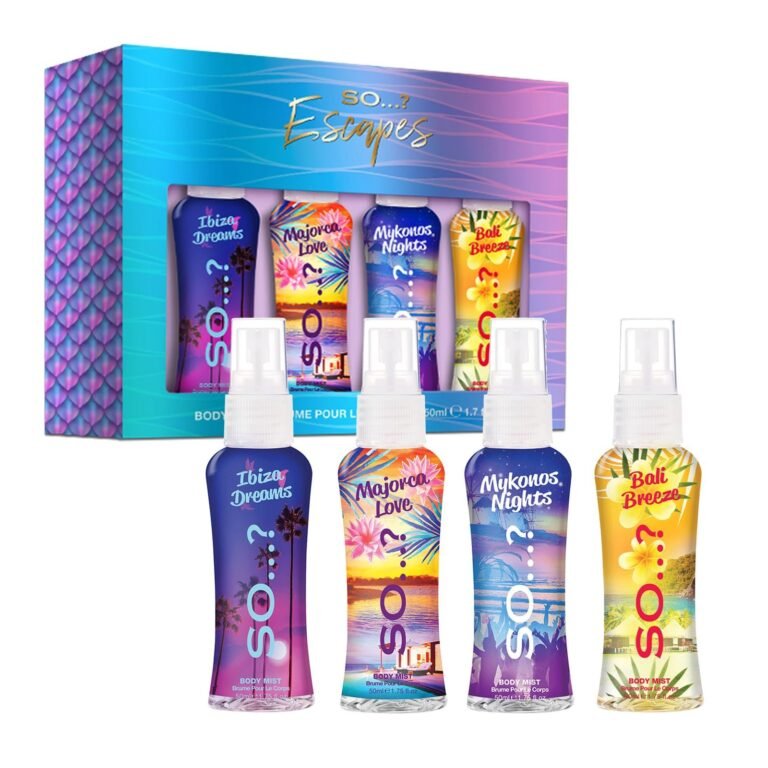 Gift set of four "SO...?" body mists with tropical themed labels
