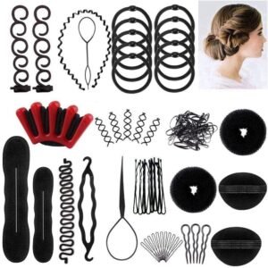 Assortment of black hair styling tools and accessories, including bun makers